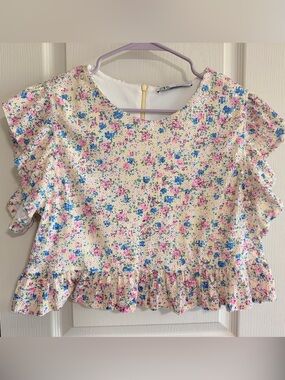 Zara Floral Ruffle Short Sleeve Top in Cream, Pink & Blue on